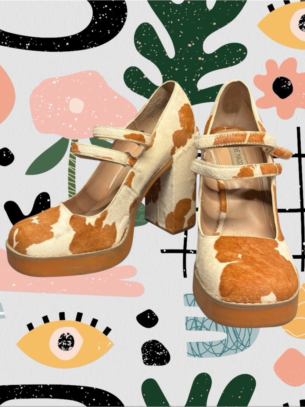 Steve Madden | TWICE-P Cow Print Genuine Fur Platform Mary Jane Heels